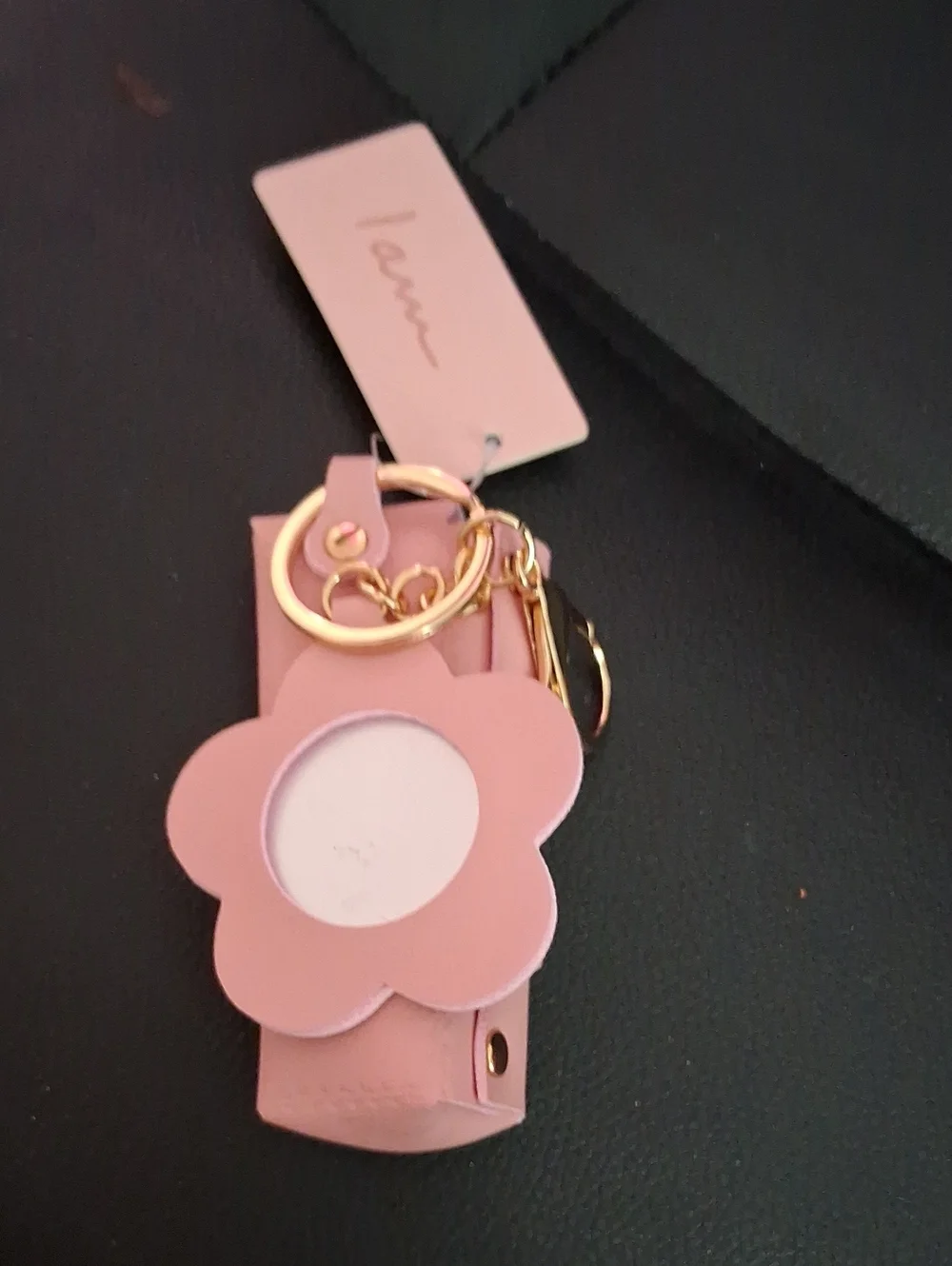 Pink Leatherette Lipstick Holder Keychain with Flower Mirror